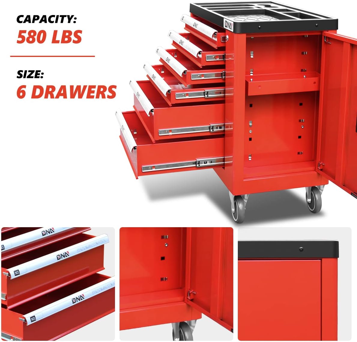 DNA Motoring 6-Drawer Rolling Tools Chest, Rolling Tool Storage Cabinet, Heavy Duty Mechanic Tool Cart, Trolley Organizer for Garage, Warehouse, Workshop, w/Keys, Red, Upgrade Package, TOOLS-10002
