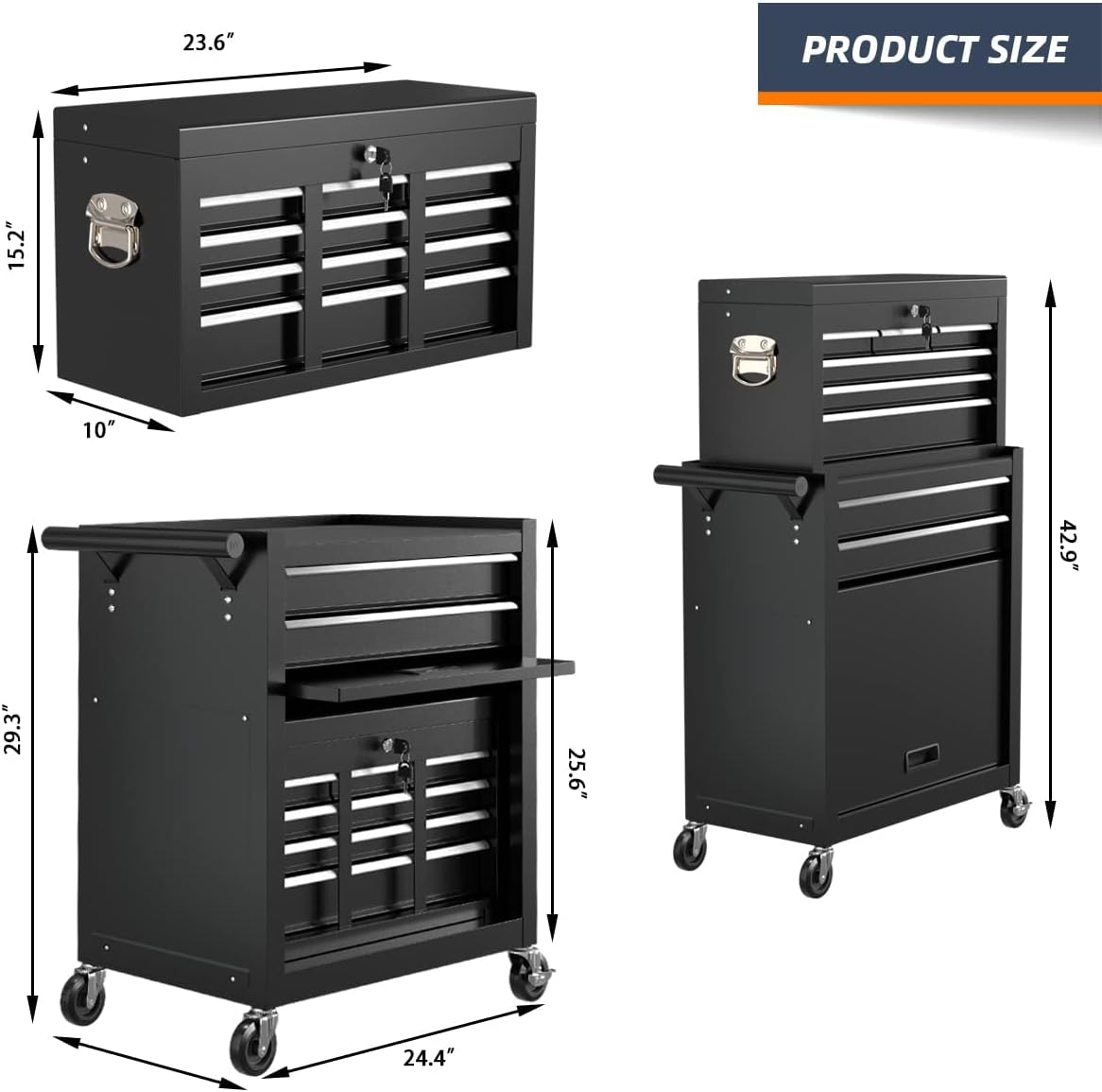 8-Drawer High Capacity Rolling Tool Box, Removable Cabinet Storage Tool Chest with Wheels and Drawers, Detachable Toolbox with Lock for Mechanics Garage Workshop and Tool Room (Black)