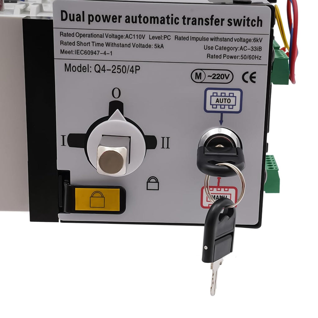 250A 4 Poles Industrial Automatic Transfer Switch Dual Power Automatic Transfer Switch Two in One Out, Transfer Switch Grid to AC Generator for Hospitals High-Rise Buildings Shopping Malls Factories