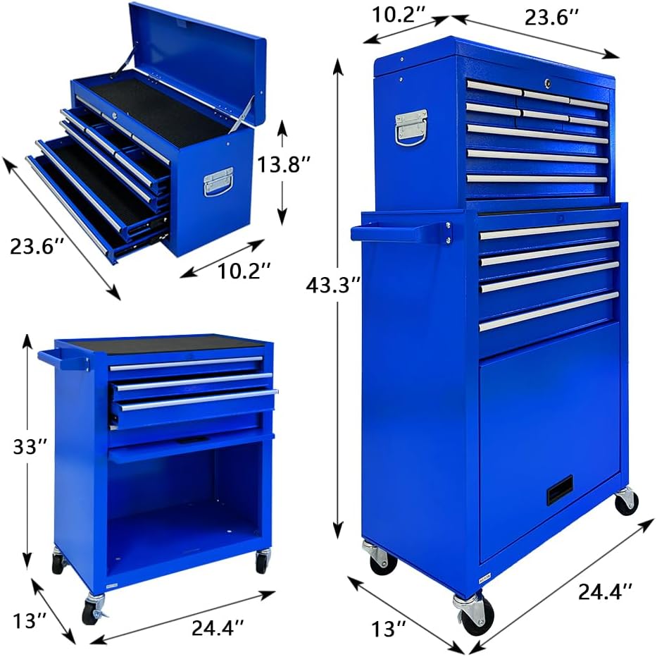 13-Drawer Tool Chest with Wheels,2 in 1 Detachable Rolling Tool box with Drawers,Large ToolBox with Lock,Mobile Steel Tool Cabinet Storage for Warehouse,Garage-Blue