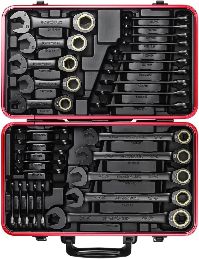 STARWORK TRUE MECHANIC™ 30-Piece 2-IN-1 Ratcheting Wrench Set, 120-Tooth, SAE&Metric, Gift Series with Black case, Professional