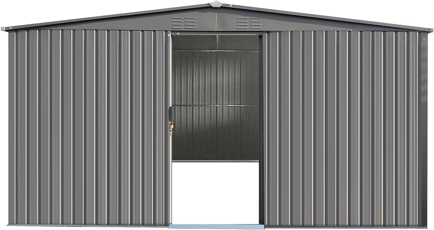 13x11 FT Metal Storage Shed, Outdoor Storage Shed with Window & Apex Roof, Lockable Door for Garden, Backyard, Lawn, and Utility Shelter, Weather-Resistant, Easy to Set Up, Grey