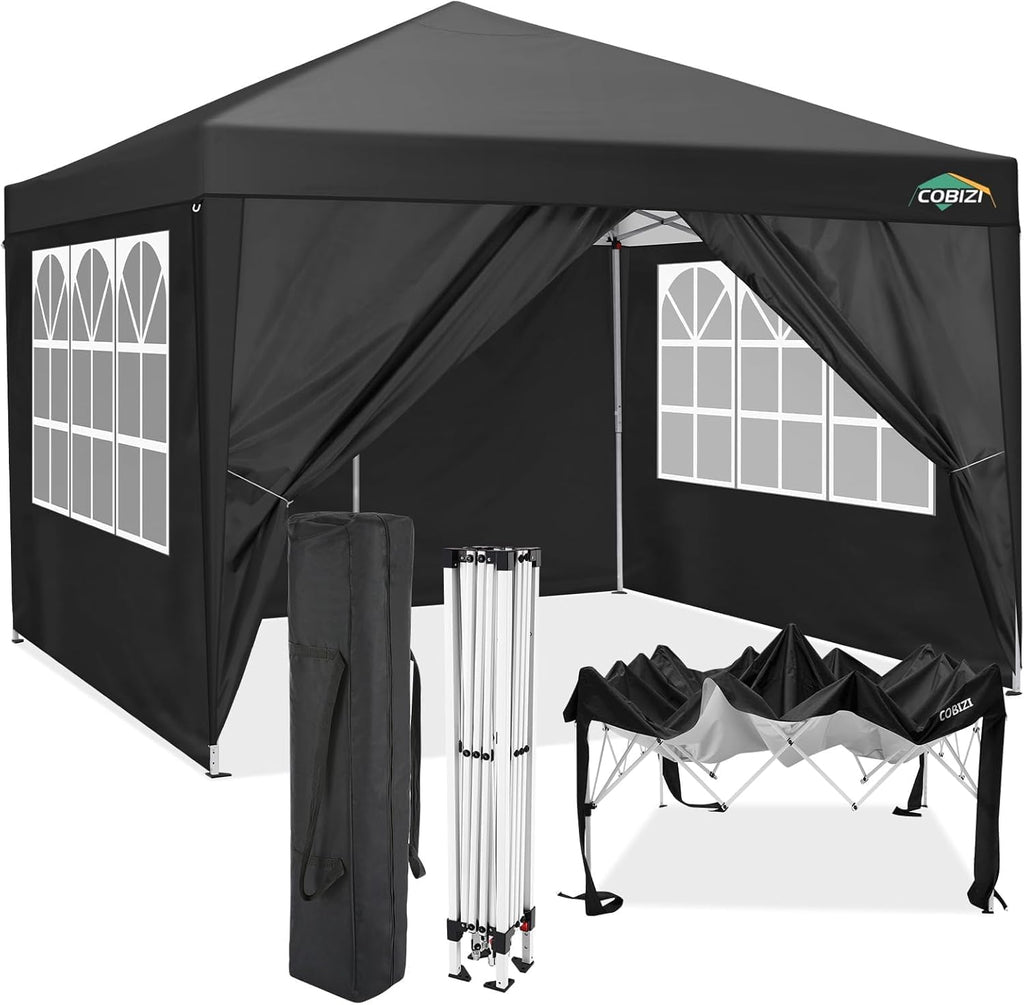 COBIZI 10x10 Pop up Canopy Tent Protable Canopy Tent with 4 Sidewalls Waterproof Commercial Instant Shelter for Parties, Wedding, Courtyard with Carry Bag(10x10FT with 4 Sides, Black)
