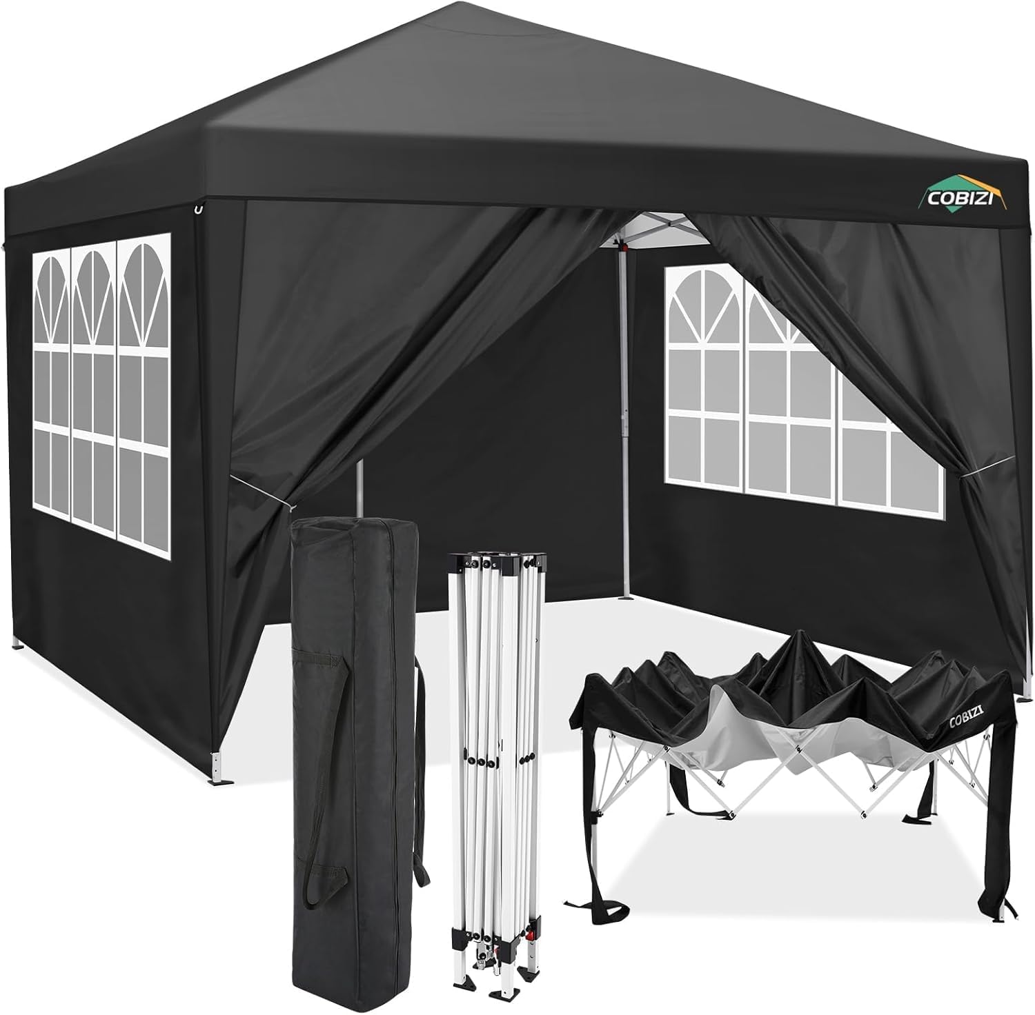 COBIZI 10x10 Pop up Canopy Tent Protable Canopy Tent with 4 Sidewalls Waterproof Commercial Instant Shelter for Parties, Wedding, Courtyard with Carry Bag(10x10FT with 4 Sides, Black)