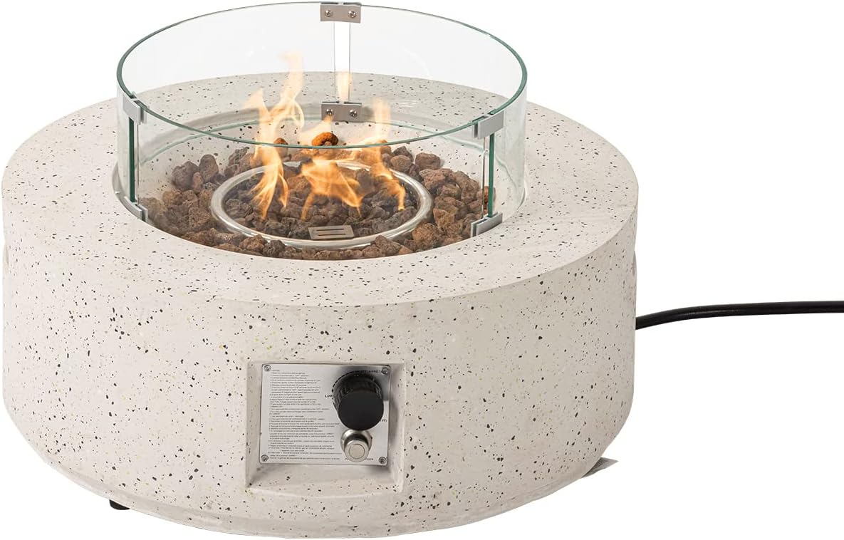 COSIEST Outdoor Propane Fire Pit Coffee Table, 28-inch Terrazzo Round Base Patio Heater, Certified, 40,000 BTU Stainless Steel Burner, Wind Guard, Free Lava Rocks, Waterproof Cover