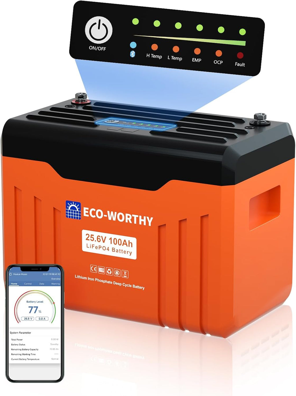 ECO-WORTHY 24V 100AH Bluetooth Lithium Battery with SOC LED Display, Built-in BMS with Low Temperature Protection, 15000+ Cycles Smart LiFePO4 Battery for Off-Grid, Home Power System, RV, Solar