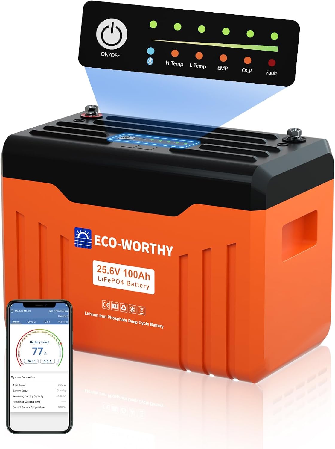 ECO-WORTHY 24V 100AH Bluetooth Lithium Battery with SOC LED Display, Built-in BMS with Low Temperature Protection, 15000+ Cycles Smart LiFePO4 Battery for Off-Grid, Home Power System, RV, Solar