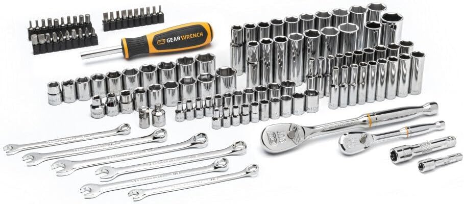 GEARWRENCH 121 Piece Mechanics Hand Tool Set - 1/4' & 3/8' Drive | 90 Tooth | SAE & Metric | GW90SCBMTS