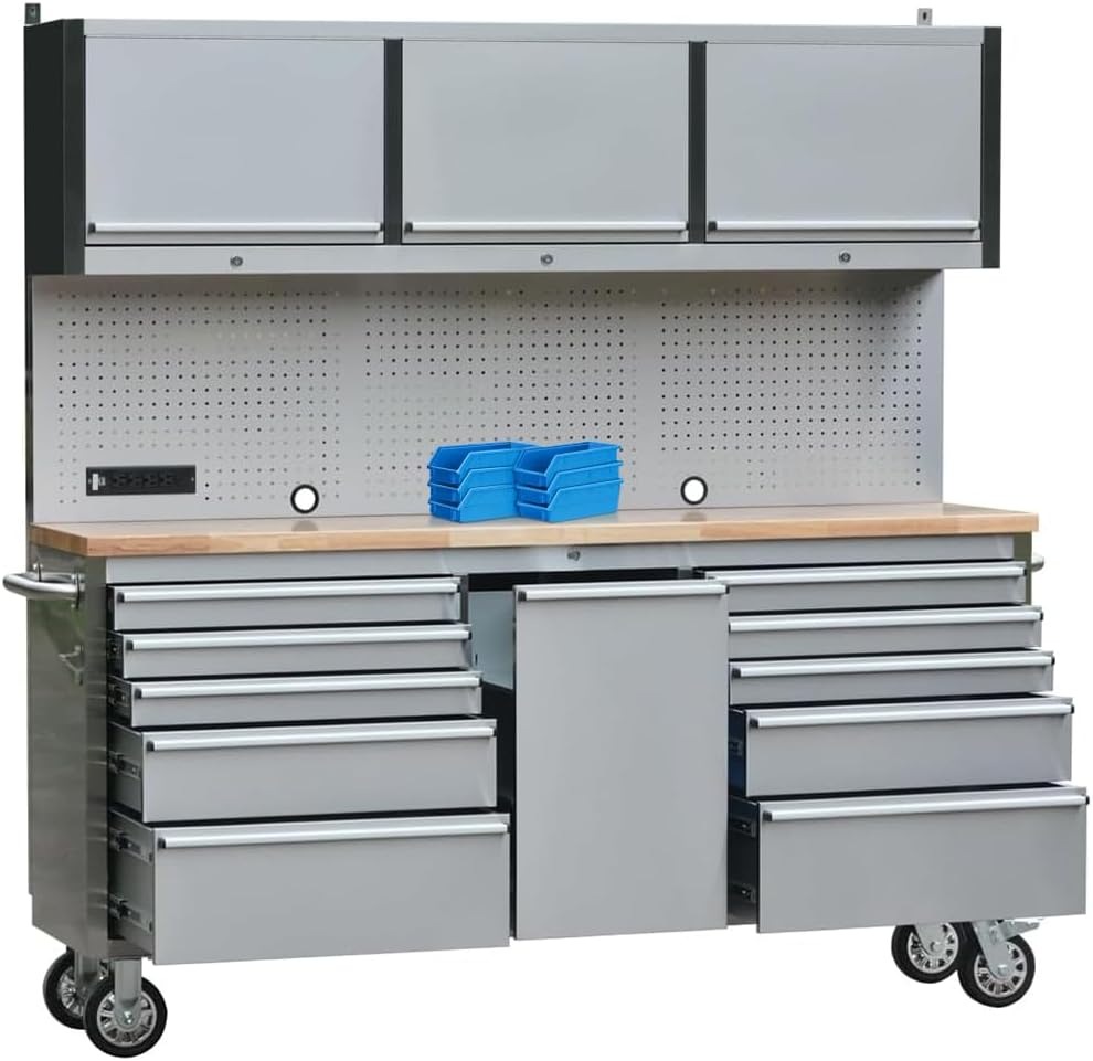 72' Stainless Steel Rolling Tool Chest with 11 Drawers + 3 Upper Cabinets, Large Lockable Storage Cabinet, Mobile Workbench with Wheels for Garage Workshop (1 × HTC7214W1)
