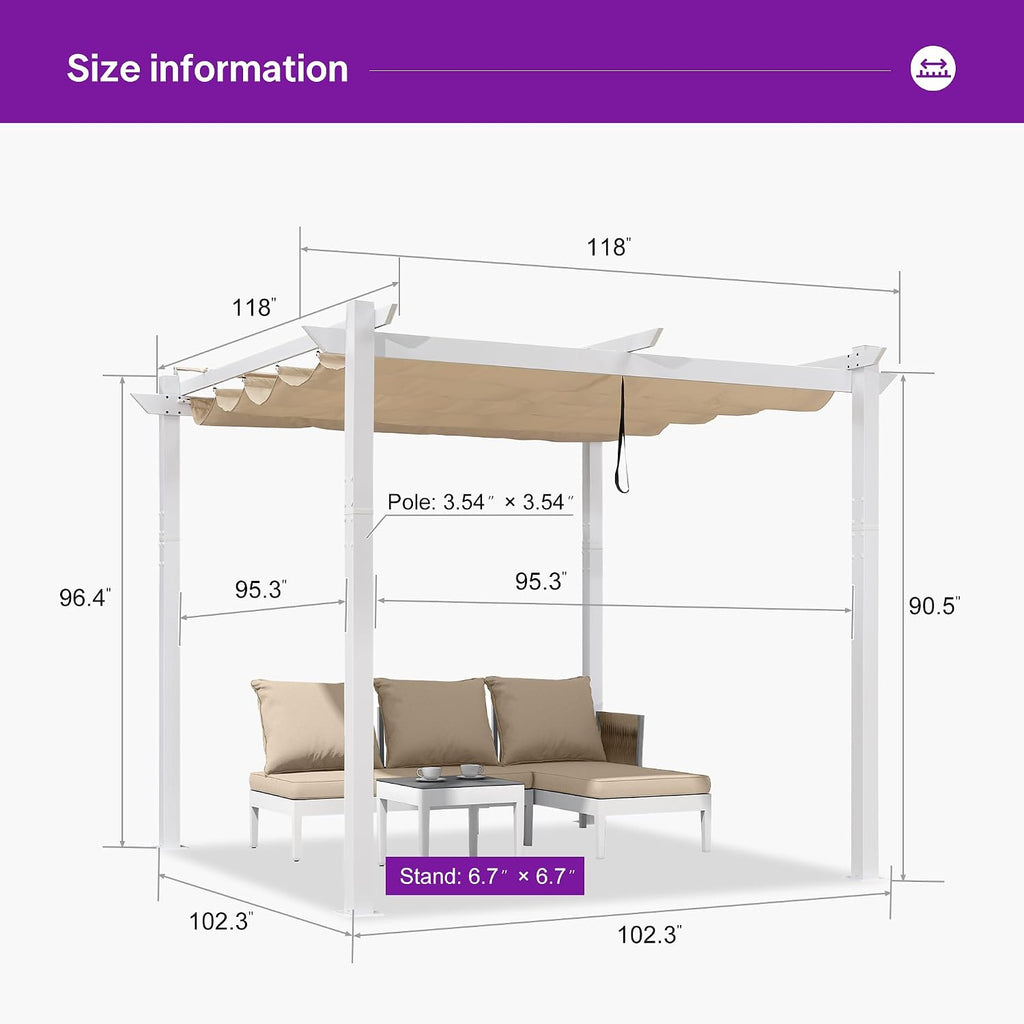 PURPLE LEAF 10' x 10' Outdoor Aluminum Pergola White Heavy-Duty Retractable Pergola Patio Metal with Double Sun Shade Canopy for Gardens Deck Backyard, Khaki