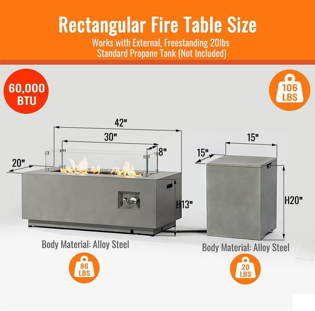 42' Outdoor Propane Fire Pit Table for Patio - 50,000 BTU Rectangular Gas Firepit Table, Grey Commercial-Grade Fireplace with Wind Guard,Grey.