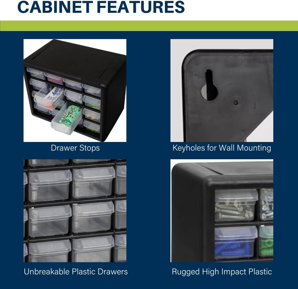 Akro-Mils 16-Drawer Plastic Cabinet for Garage Organization, Beads, Makeup Organizer, Building Bricks Storage, Teacher Toolbox, 10-1/2' W x 6-1/2' D x 8-1/2' H, 10716 Black (Pack of 4)