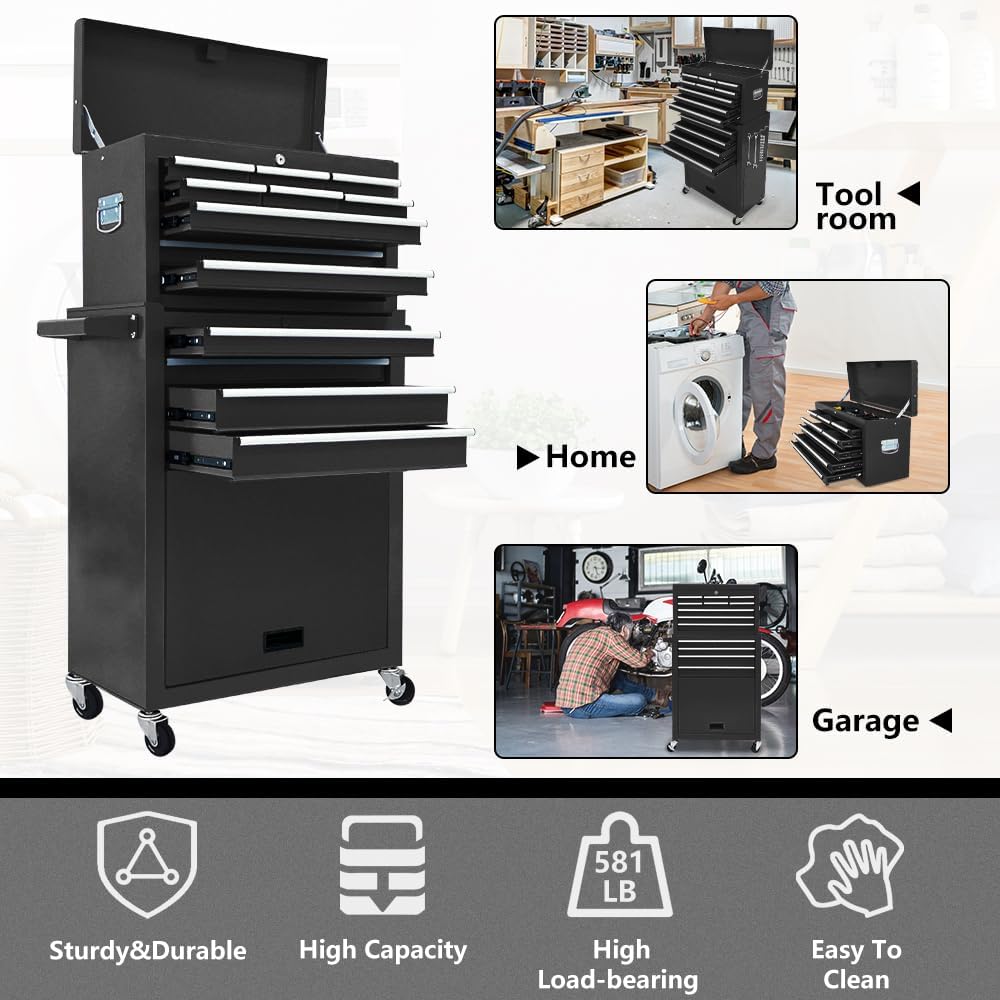 13-Drawer Tool Chest with Wheels, 2 in 1 Detachable Rolling Toolbox with Drawers, Large Tool Box with Lock, Mobile Steel Tool Cabinet Storage for Warehouse, Garage (Black)