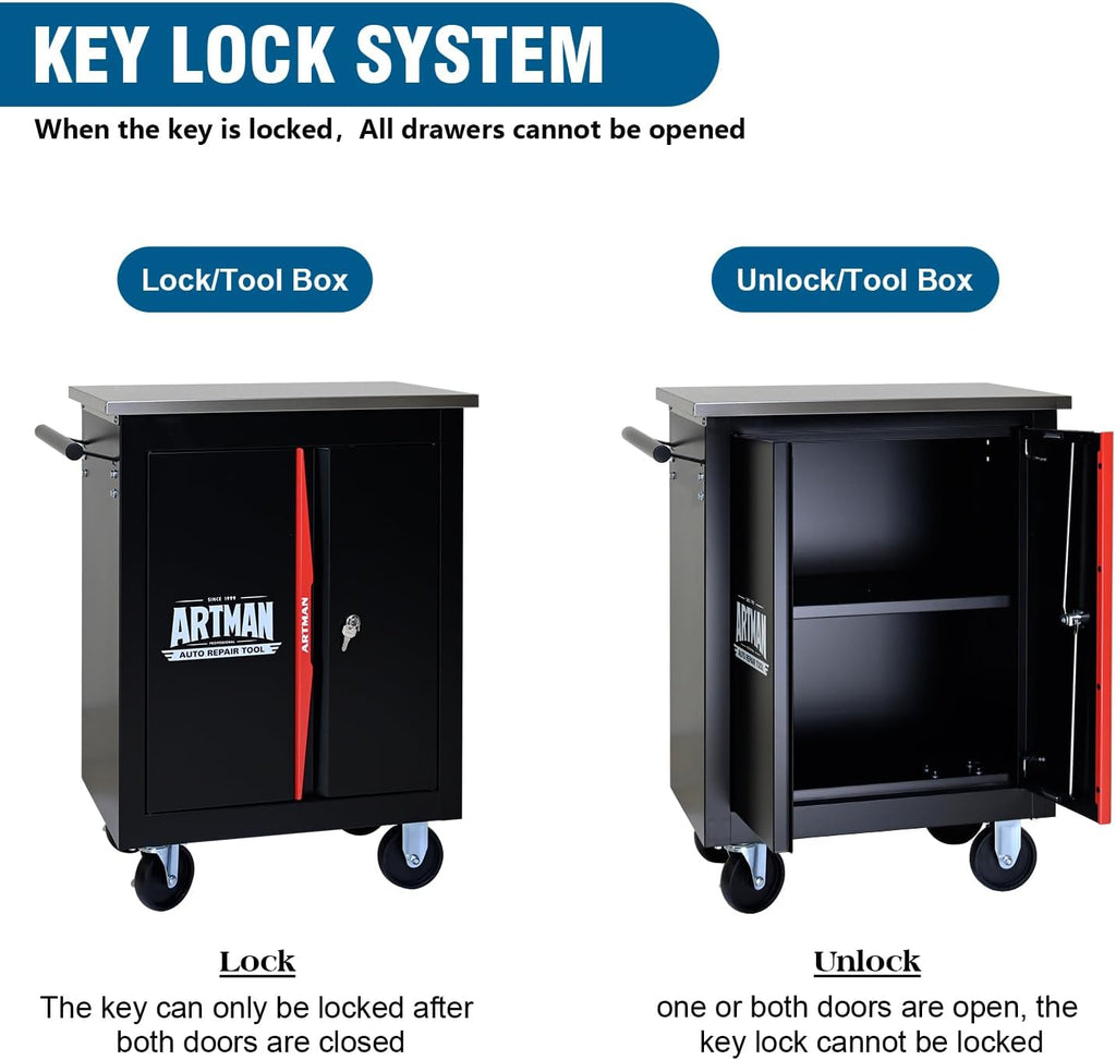 1 Cabinet 2 Shelves Rolling Tool Chest with Stainless Steel Countertop,Tool Chest with Secure Locking System,Mobile Storage Tool Cabinet with 360°Wheels & Padded Feet,for Home,Garage(Black+Red)