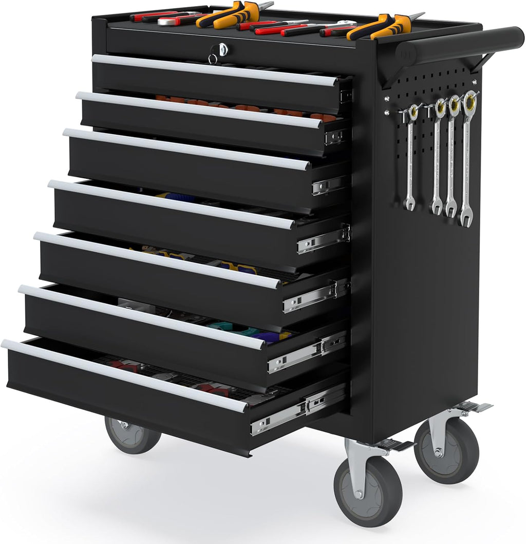 7 Drawers Metal Rolling Tool Chest, Portable Storage Tool Box with Wheels, Toolbox on Wheels for Warehouse, Garage, Repair Shop and Tool Room