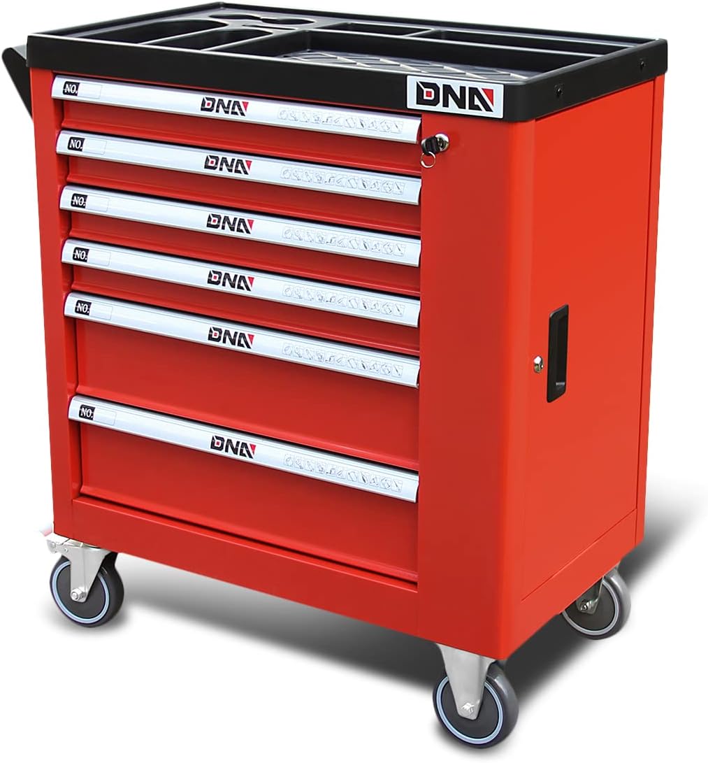 DNA Motoring 6-Drawer Rolling Tools Chest, Rolling Tool Storage Cabinet, Heavy Duty Mechanic Tool Cart, Trolley Organizer for Garage, Warehouse, Workshop, w/Keys, Red, Upgrade Package, TOOLS-10002