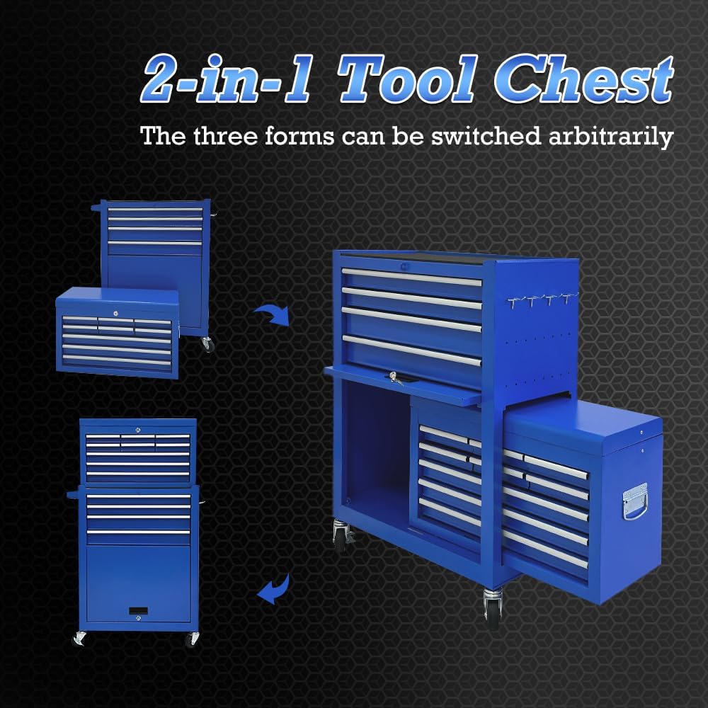13 Drawer Tool Chest,Toolbox with Wheels, Rolling Tool Cabinets with Drawers, Top Detachable Tool Chest with Hooks Handles for Workshop Mechanical Garage - Blue