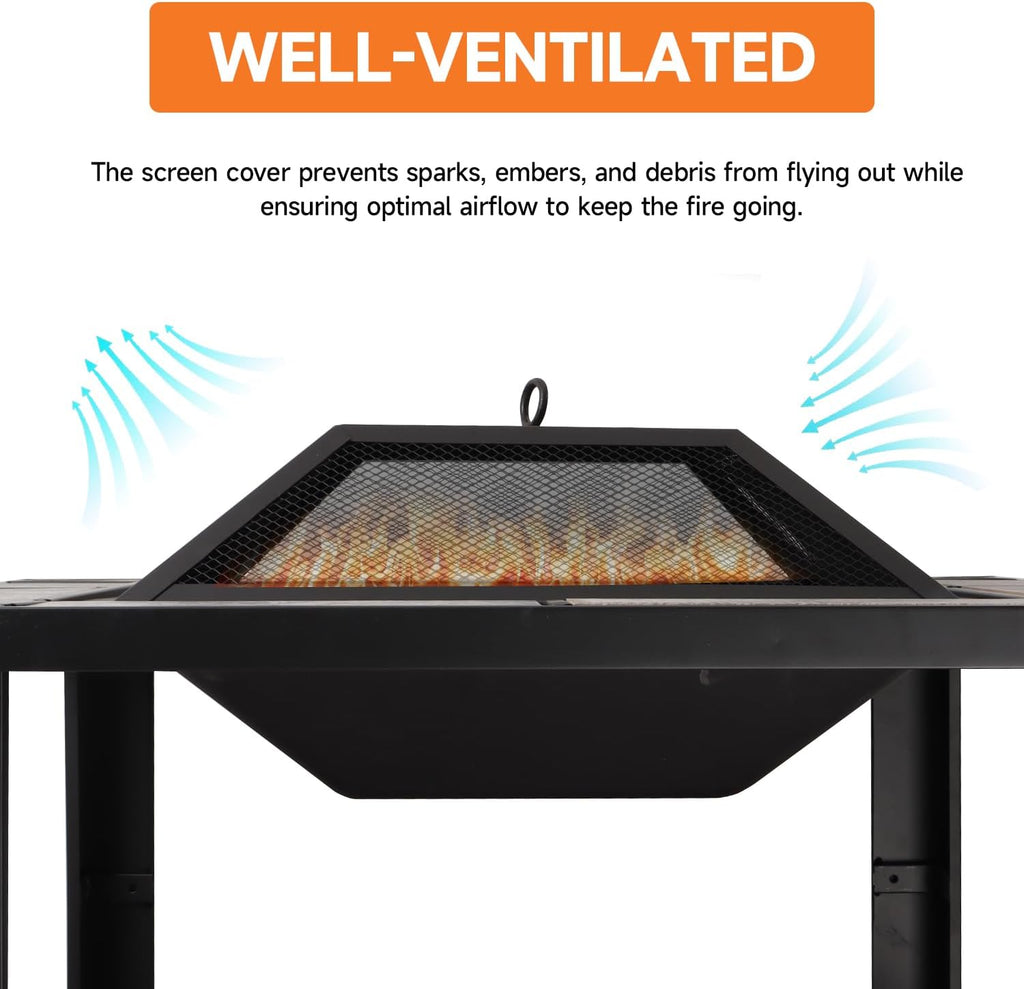 30-Inch Square Fire Pit Table, Wood Burning Fireplace/Firepit with Marble Tile Tabletop, Mesh Lid, Fire Grate, Poker and Nylon Cover