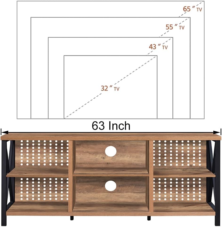LVB TV Stand for 75 Inch TV, Large Industrial Rustic Entertainment Center with Storage Shelves, Long Modern Wood Metal Television Stand with TV Table Cabinet for Home Living Bedroom, Rustic Oak, 63 In
