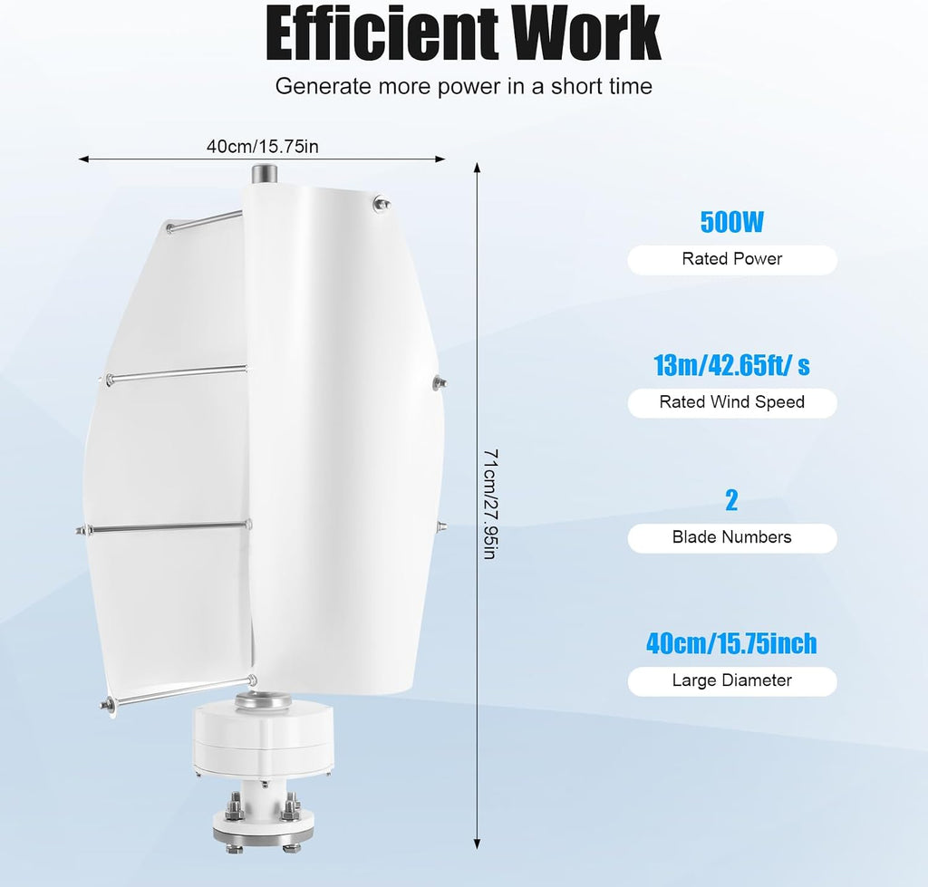 Wind Turbine Generators Kit,500W Vertical Axis Generator for Hybrid Solar Wind System,2 Blades Permanent Magnet Generator Wind Turbine Kit with Controller (White)