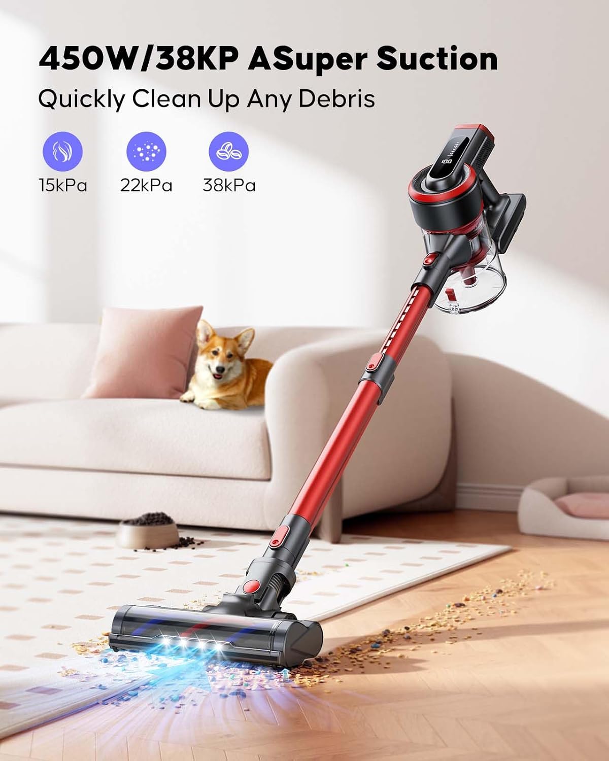 WLUPEL Cordless Vacuum Cleaner, 450W/38Kpa Vacuum Cleaners for Home with LED Screen, Up to 55 Mins Runtime, 1.2L Dust Cup, Anti-Tangle Stick Vacuum for Pet Hair Carpet and Hardfloor