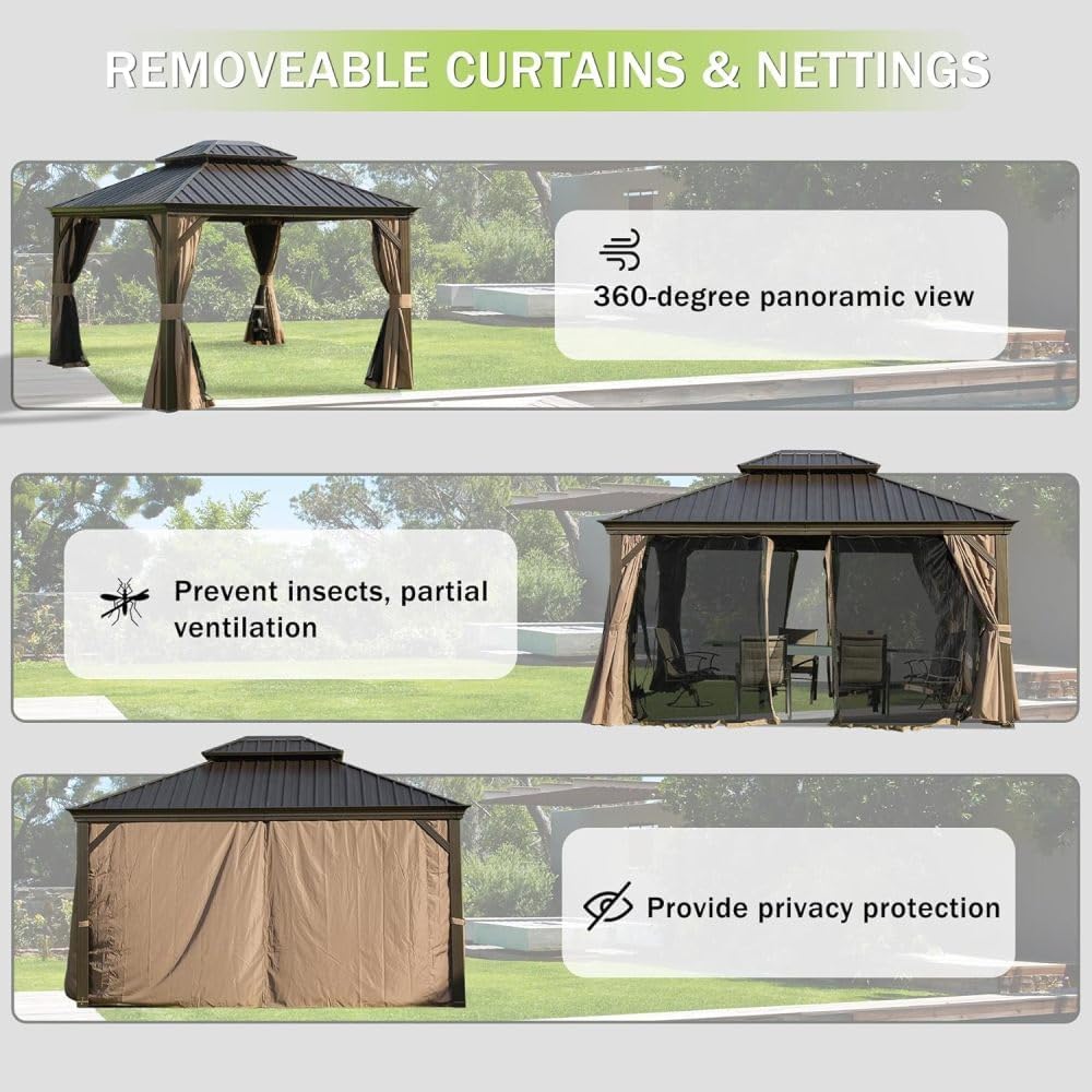 Hardtop Gazebo 10x13FT with Double Roof, Brown Metal Outdoor Gazebo for Patio - Includes Privacy Curtains & Netting, Water Resistant, Galvanized Steel Frame (130 Sq Ft)