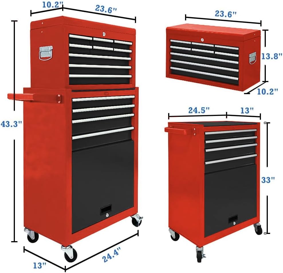 13 Drawer Tool Chest,Tool box with Wheels, Rolling Tool Cabinets with Drawers, Top Detachable Tool Chest with Hooks Handles for Workshop Mechanical Garage - (Black＆Red)
