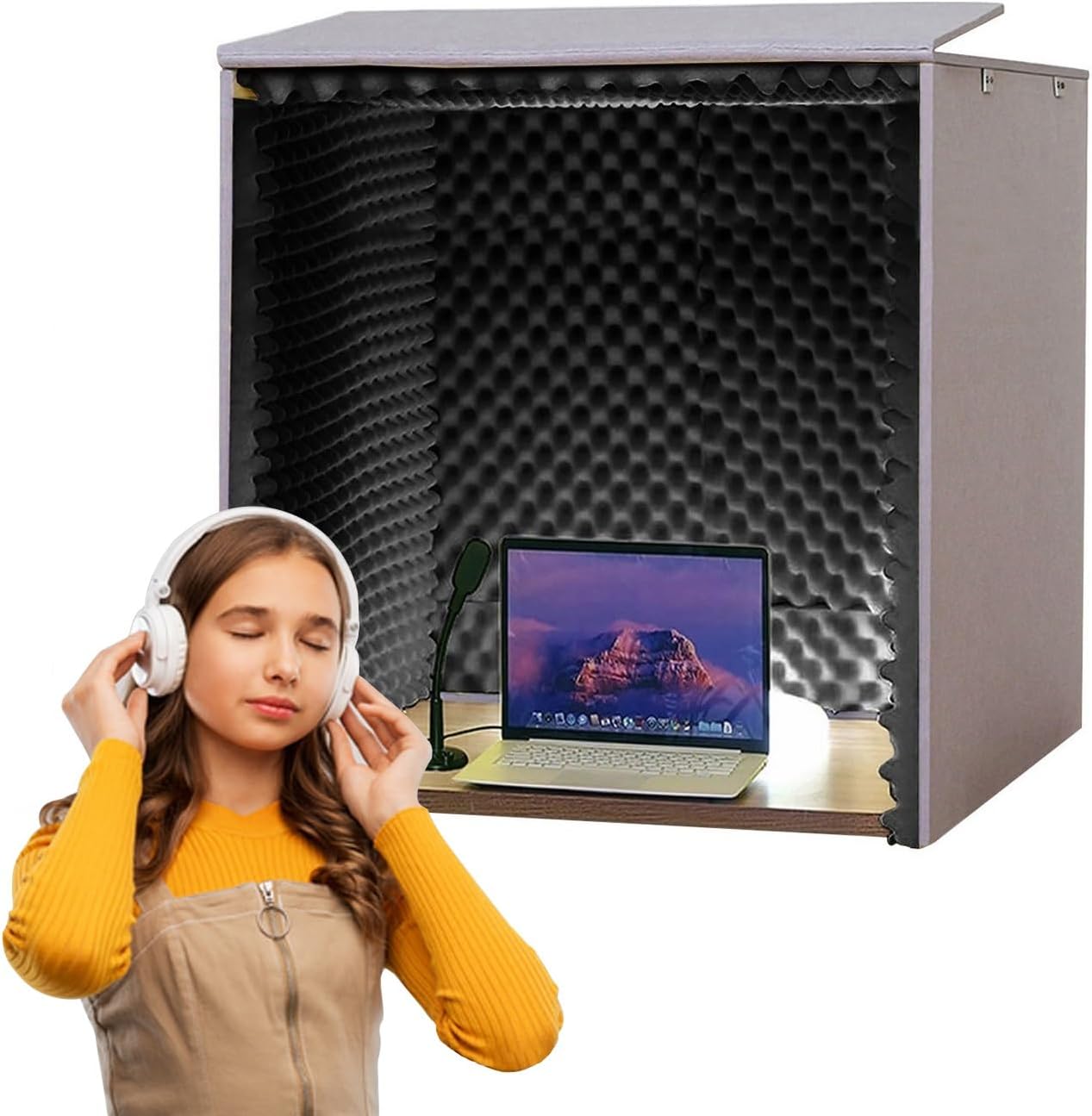 Desktop Soundproof Cover, 80*80*80CM Portable Soundproof Booth Recording Vocal Booth Box Isolation Shield for Microphone Recording Equipment Podcasts Singing Gaming and Broadcasting ( Color : Black )