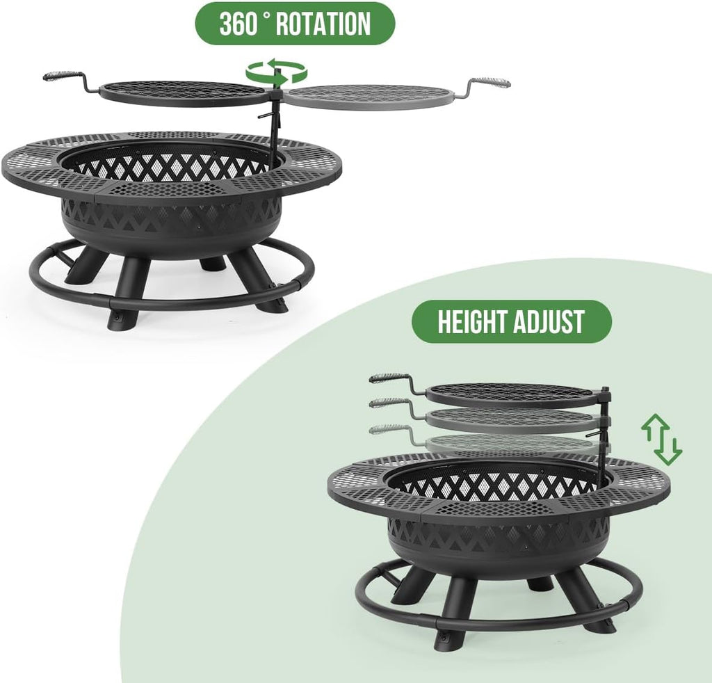Panovue 42 Inch Outdoor Fire Pit with Grill, Large Firepit Table for Outside, Metal Round Firepits with Lid&Fire Poker,3 in 1 Wood Burning Fire Pits & Outdoor Fireplaces for Backyard,Patio(42'' Black)