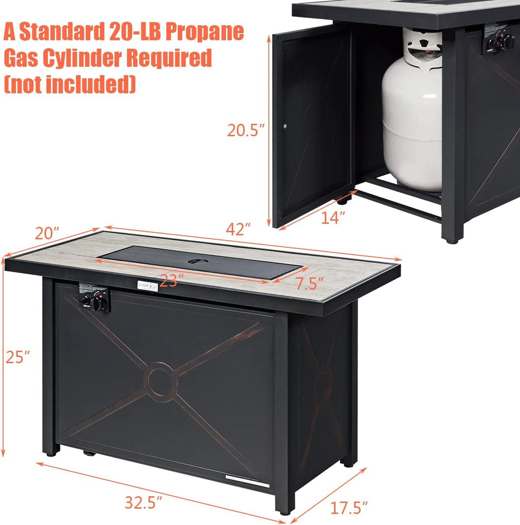 COSTWAY 42' Propane Fire Pit Table, 60,000 BTU Outdoor Rectangle Gas Fire Table W/Ceramic Tabletop, Lava Rock & PVC Cover Included, Stainless Steel Burner, Ideal for Backyard, Poolside