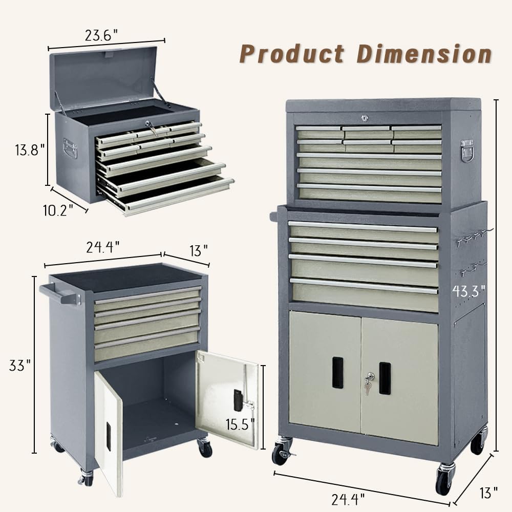 13-Drawer Double Doors Handle Rolling Tool Chest, 2 in 1 Detachable Rolling Tool Chests, Large Tool Boxes with Lock, Metal Standing Tool Cabinet for Garage Workshop(Gray)