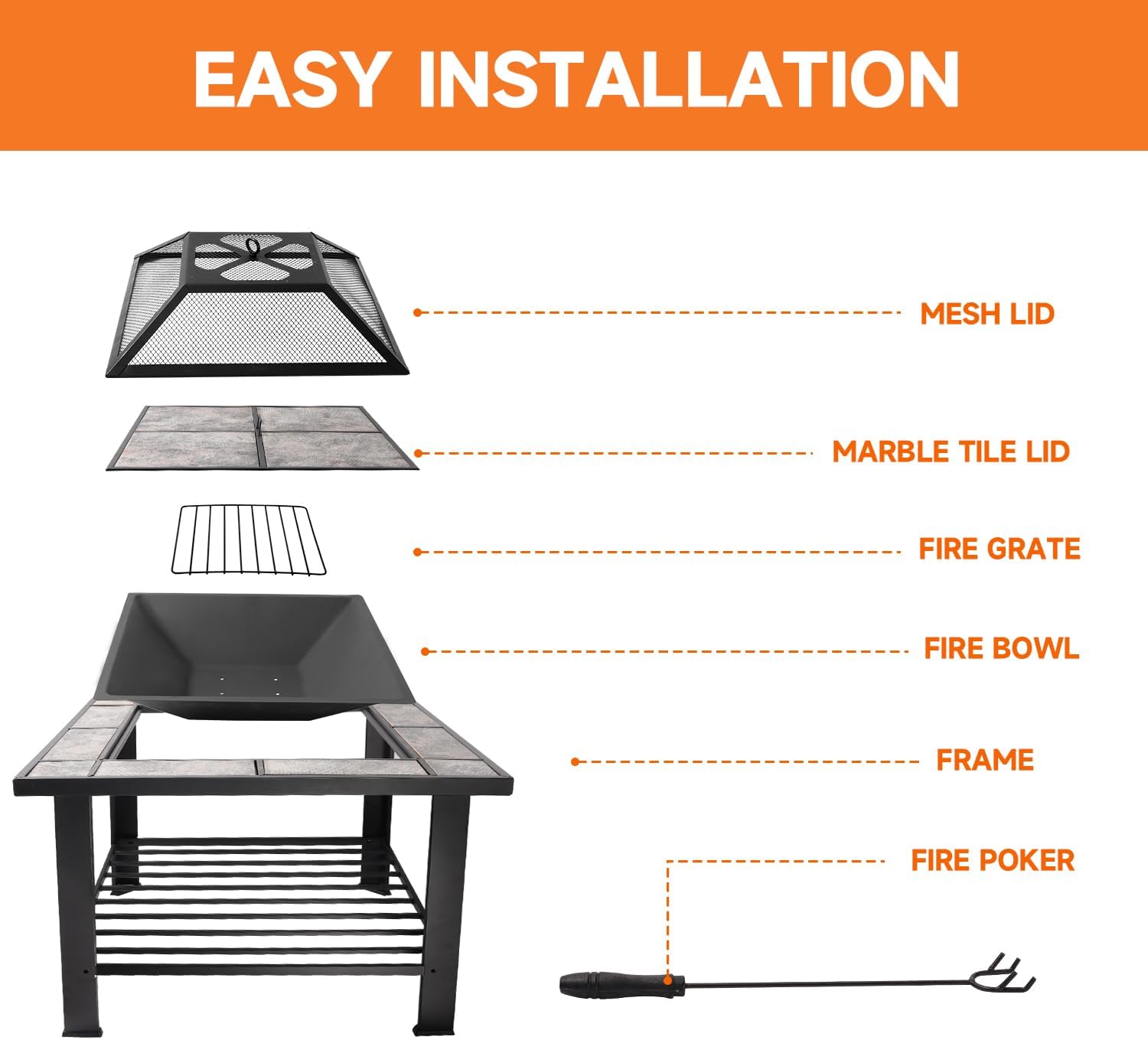 30-Inch Square Fire Pit Table, Wood Burning Fireplace/Firepit with Marble Tile Tabletop, Mesh Lid, Fire Grate, Poker and Nylon Cover