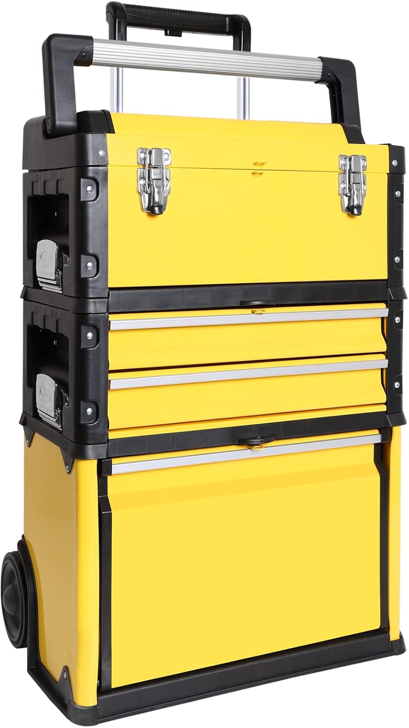 BIG RED Stackable Portable Metal Tool box Organizer with Wheels and 2 Drawers, Rolling Upright Trolley Tool Chest for Garage or Workshop,Yellow,ATRJF-C305ABDYR