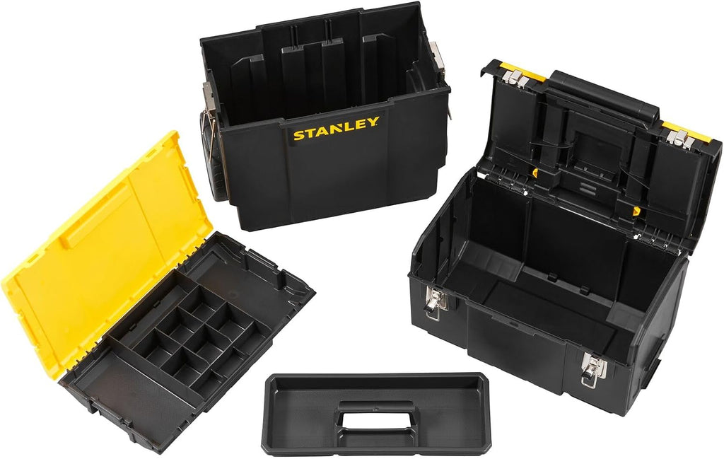 STANLEY 3 in 1 Rolling Work Centre Toolbox with Pull Handle, Detachable Toolbox with Portable Tote Tray, 1-70-326, Black