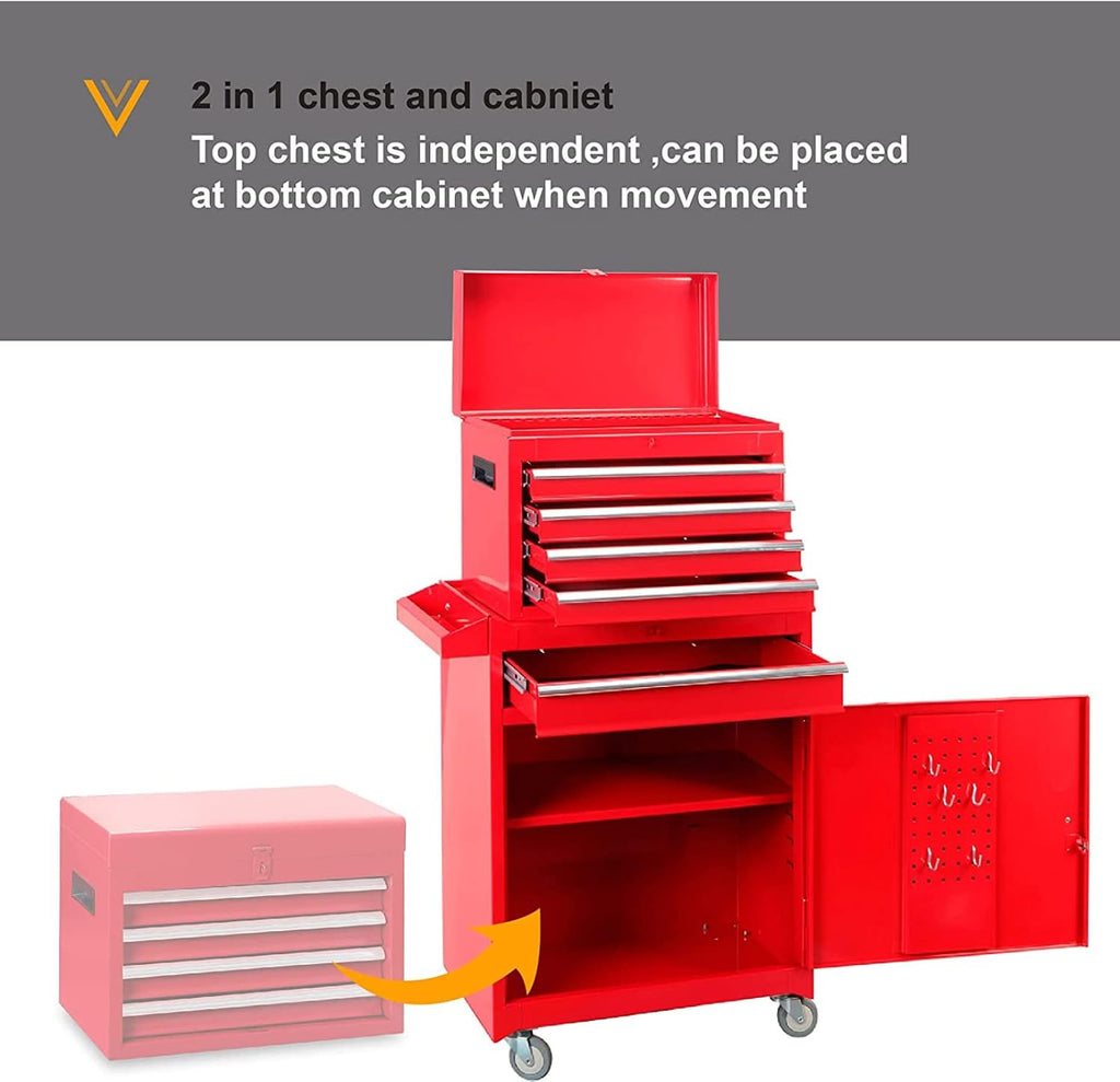 Road DAWG ATBT1204D-Red Torin Rolling Garage Workshop Tool Organizer: Detachable 4 Drawer Tool Chest with Large Storage Cabinet and Adjustable Shelf, Red