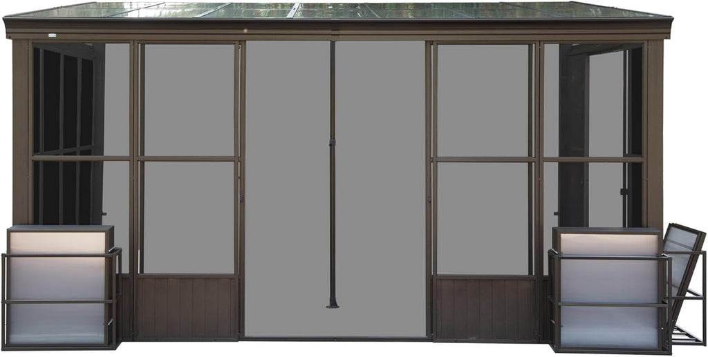 10x14FT Wall-Mounted Sunroom Solarium | Permanent Lean-to Gazebo w/Detachable Polycarbonate Windows & 2 Lockable Sliding Doors - Dark Brown Aluminum for Patio, Deck, Garden