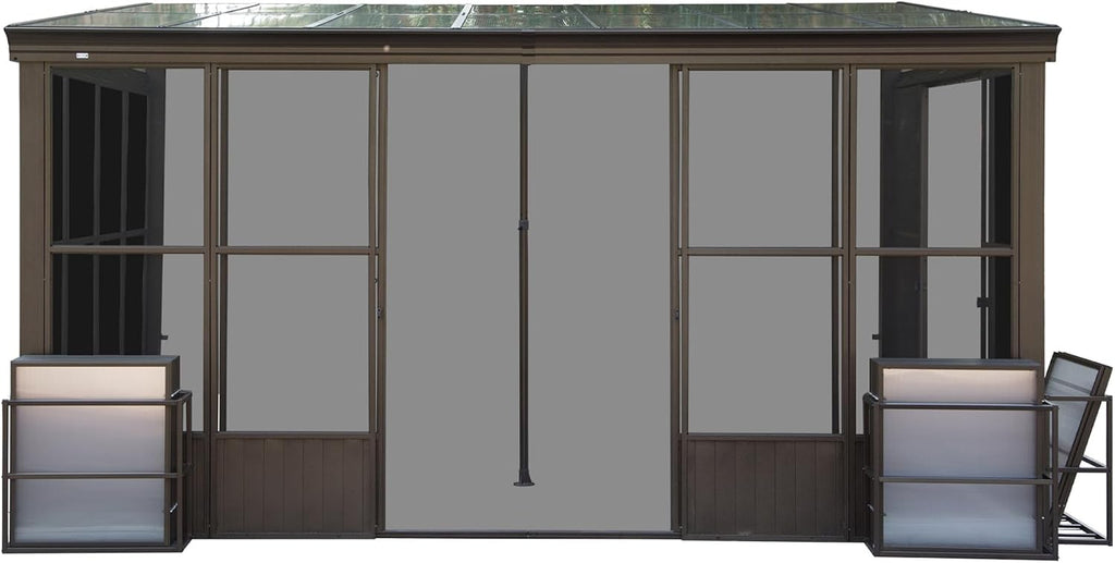 12x14FT Wall-Mounted Sunroom Solarium | Permanent Lean-to Gazebo w/Detachable Polycarbonate Windows & 2 Lockable Doors - Dark Brown Aluminum for Patio, Deck
