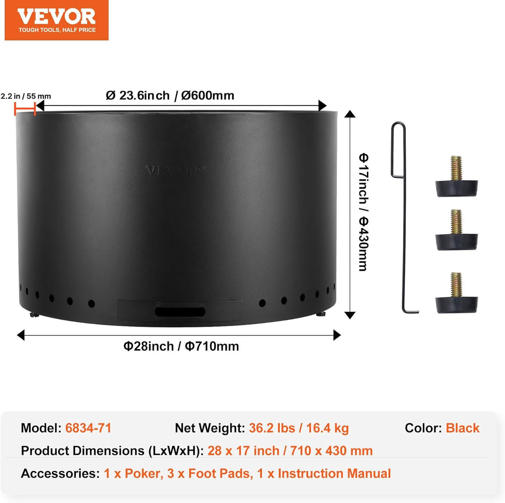 VEVOR Smokeless Fire Pit Stove Bonfire, H: 17 in x Dia: 28 in,Wood Burning Fireplaces with Removable Ash Pan, SUS430 Stainless Steel Inner Portable Outdoor Firepit,for Outdoor Patio Camping, Black