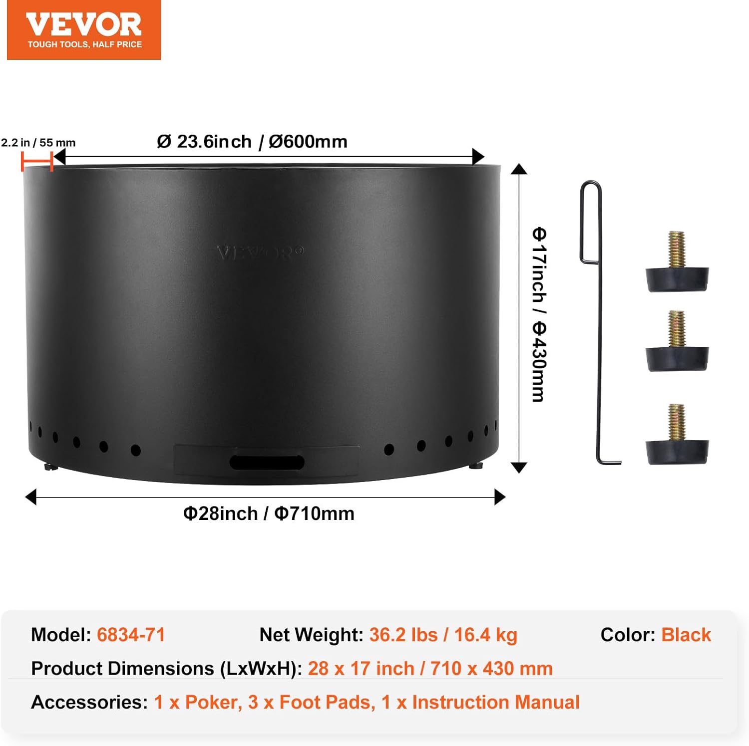 VEVOR Smokeless Fire Pit Stove Bonfire, H: 17 in x Dia: 28 in,Wood Burning Fireplaces with Removable Ash Pan, SUS430 Stainless Steel Inner Portable Outdoor Firepit,for Outdoor Patio Camping, Black