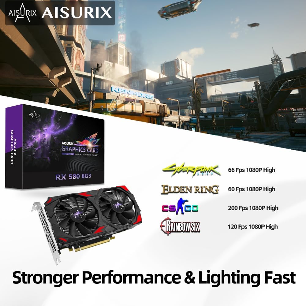 Kelinx AISURIX RX 580 Graphics Card, 2048SP, Real 8GB, GDDR5, 256 Bit, Pc Gaming Video Card, 2XDP, HDMI, PCI Express 3.0 with Freeze Fan Stop for Desktop Computer Gaming Gpu