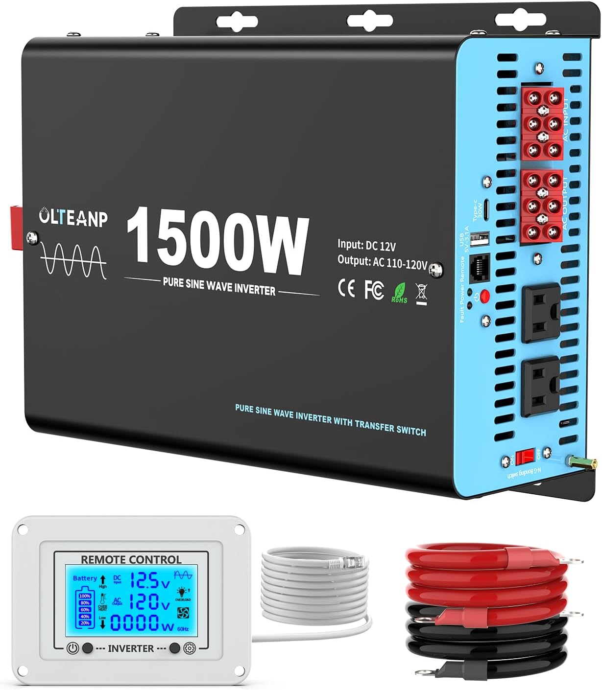 1500W Pure Sine Wave Power Inverter with Transfer Switch, 12V DC to 120V AC Converter, 3000W Peak, Auto Switch to Shore Power, Remote LCD Controller, USB & Type-C for RV, Truck, Off-Grid