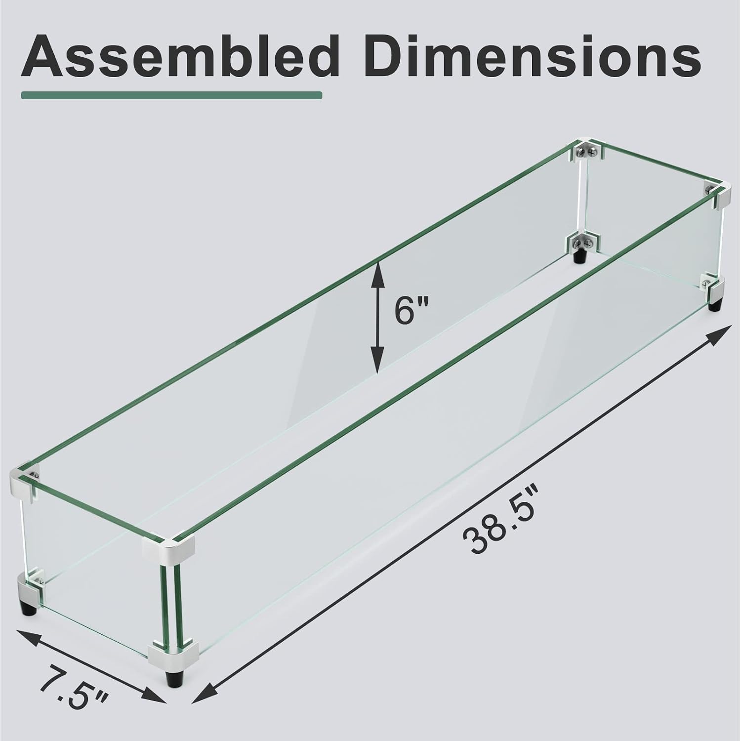 GASPRO 38.5 x 7.5 Inch Glass Wind Guard for Rectangular Fire Pit Table, Thick and Sturdy Tempered Glass Panel with Hard Aluminum Corner Bracket & Rubber Feet, Easy to Assemble