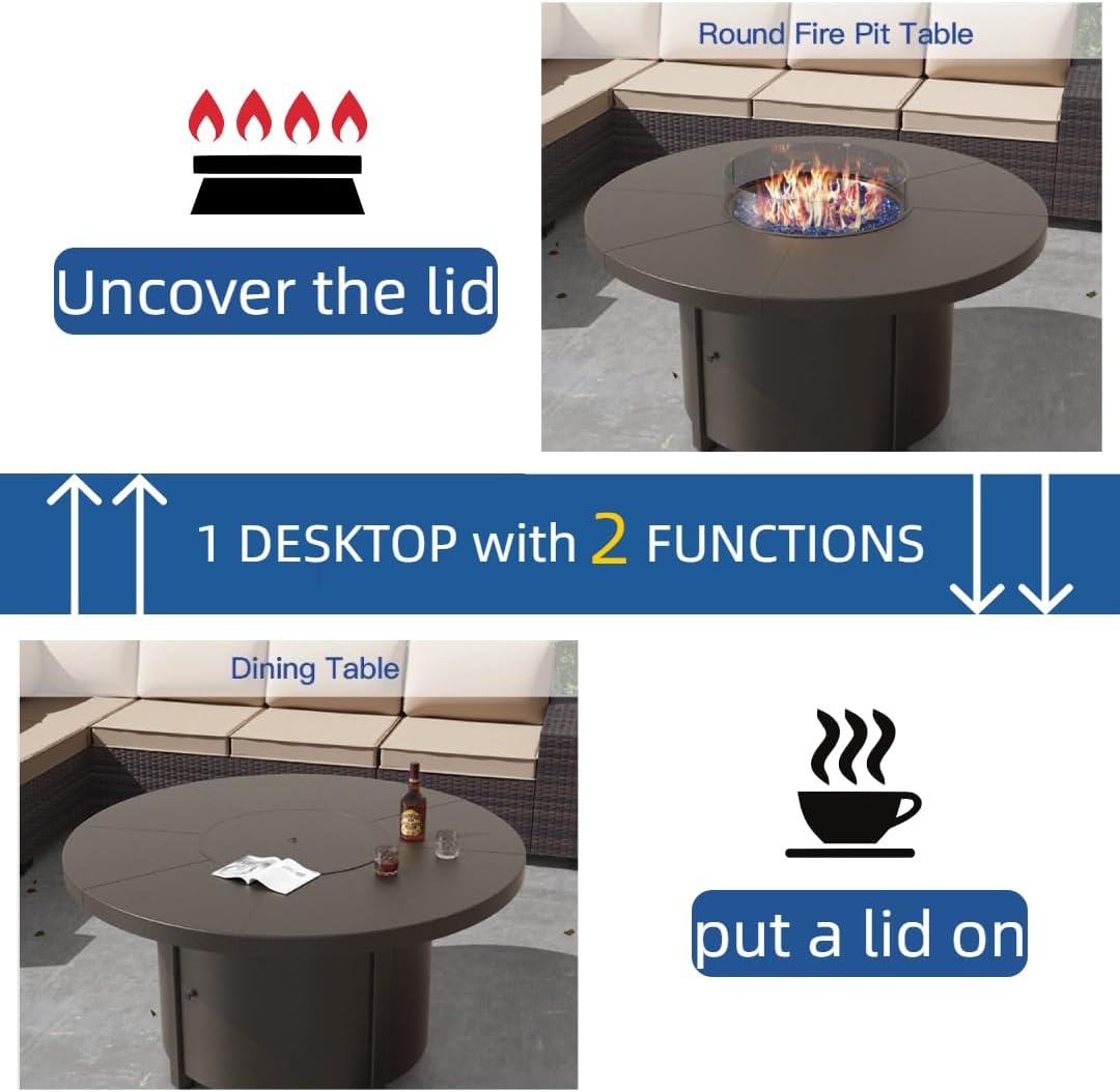 48' Round Propane Fire Pit Table with Lid, 40,000 BTU Outdoor Gas Fire Pits CSA Certified for Outside Steel Tabletop Fire Pit with Blue Glass Rock&Windshield Glass for for Patio, Balcony,Garden