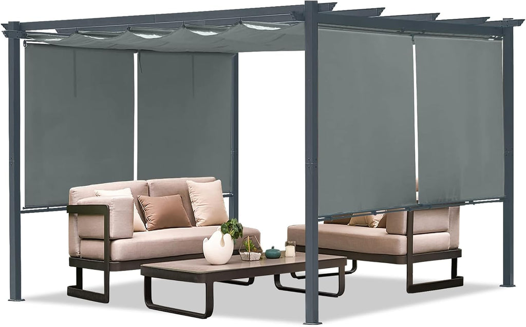 Aoodor 10 x 12 ft Outdoor Pergola with Retractable Shade Canopy, Matte Aluminum Frame, 4 Roller Shade Curtains, Grape Trellis for Patio, Backyard, Garden, and Deck, Grey