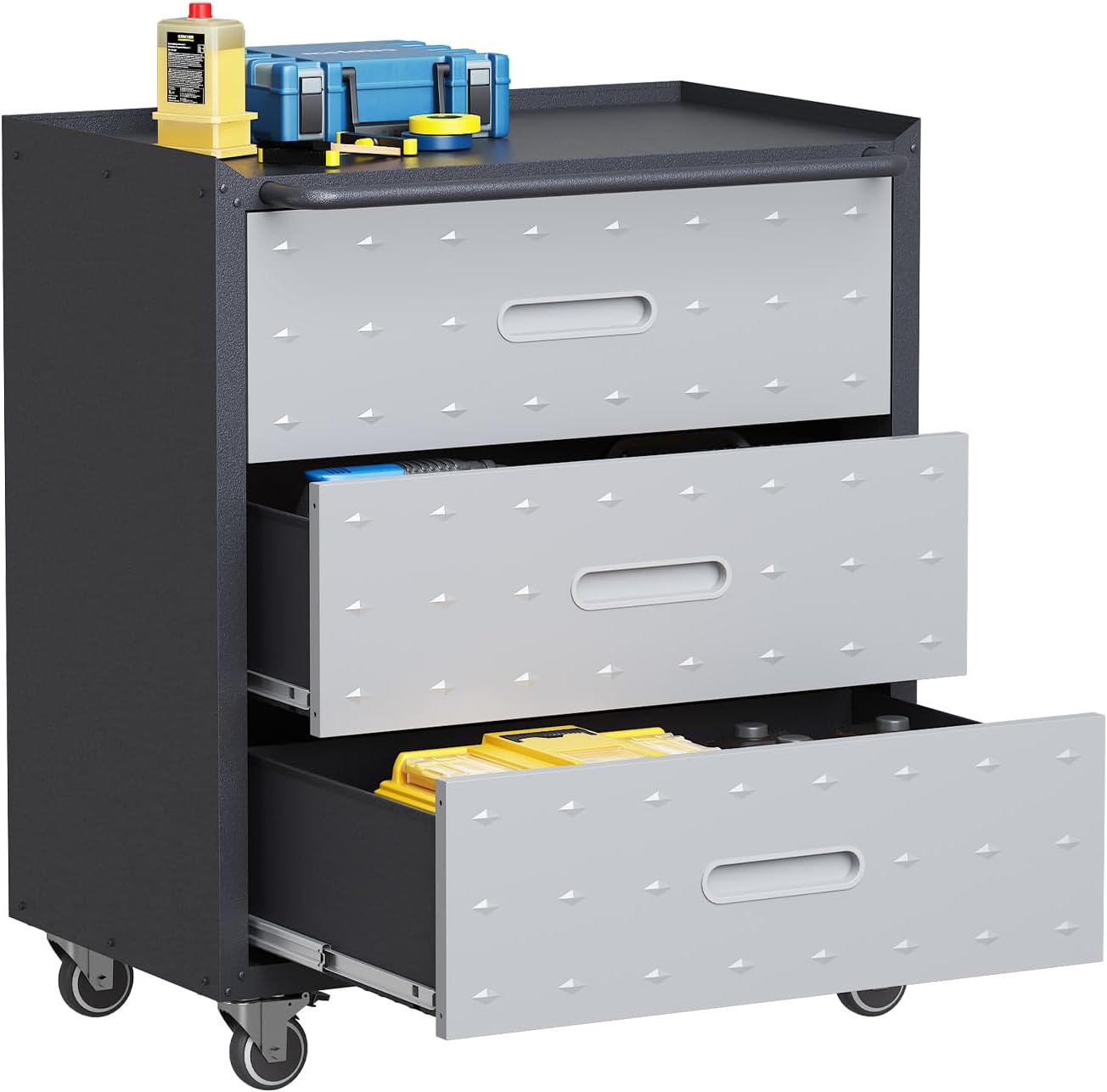 Metal Garage Cabinet on Wheels, Heavy Duty Steel Rolling Tool Cabinets with Drawers, Mobile Tool Cart Garage Storage Cabinets for Warehouse Basement, Assembly Required