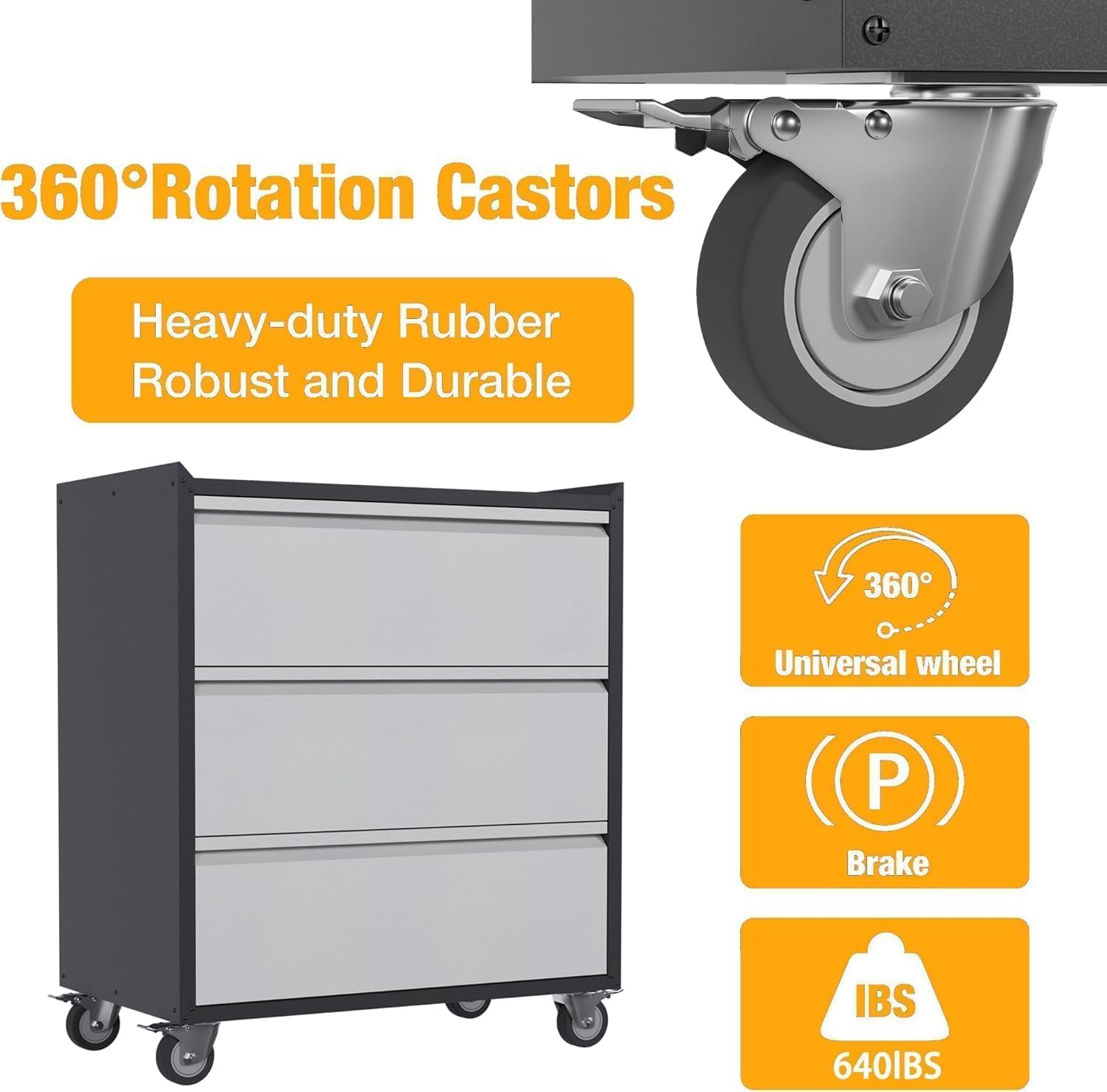 Metal Storage Cabinet with 3 Drawers on Wheels, Heavy Duty Rolling Tool Cart, Mobile Tool Chest for Garage, Workshop, Home, Office, Warehouse, Gray