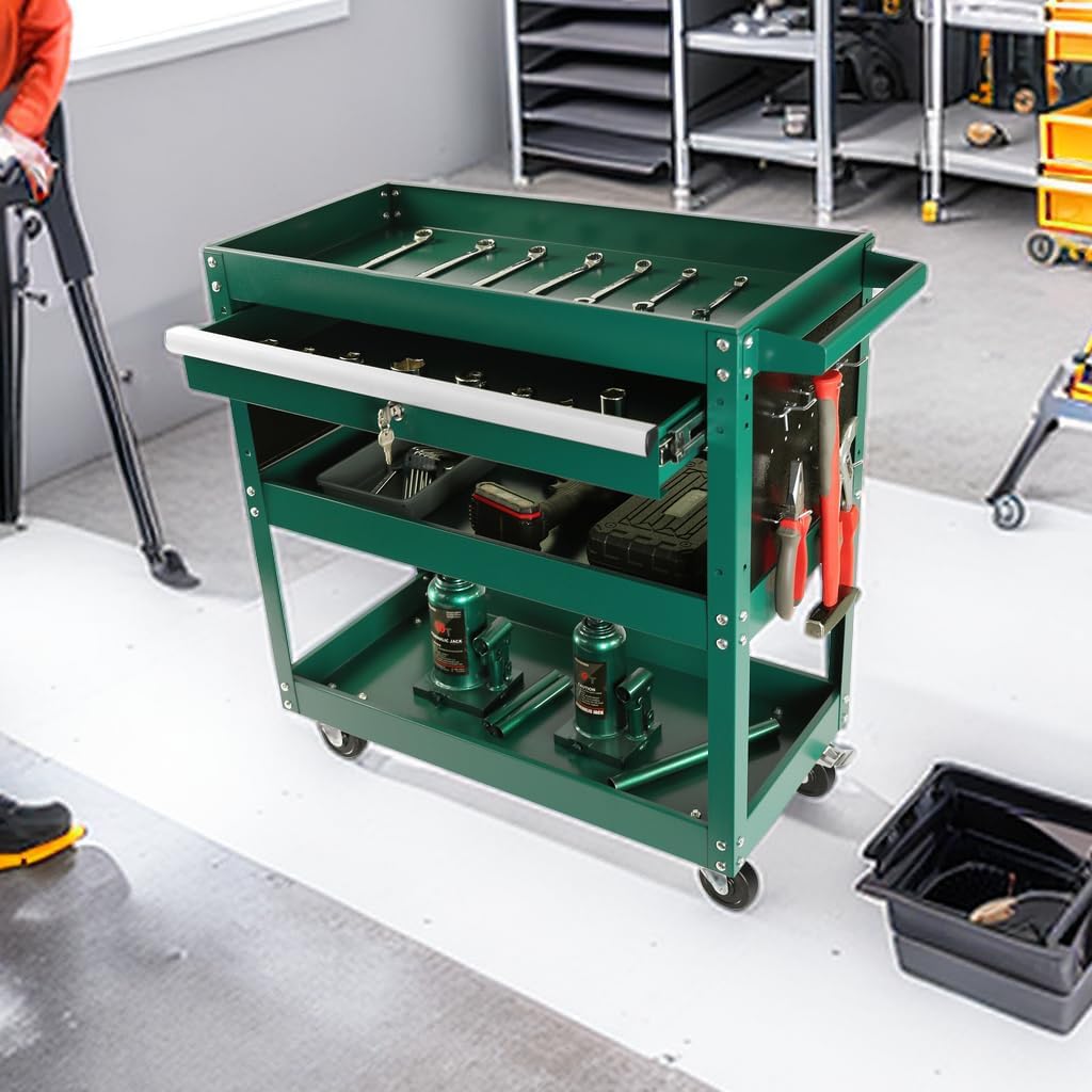 3 Tier Tool Cart Rolling Tool Chest on Wheels 1 Drawer Rolling Tool Box Organizer Removable Portable Tool Cabinet with Locking System for Garage Workshop Warehouse Repair Shop Green