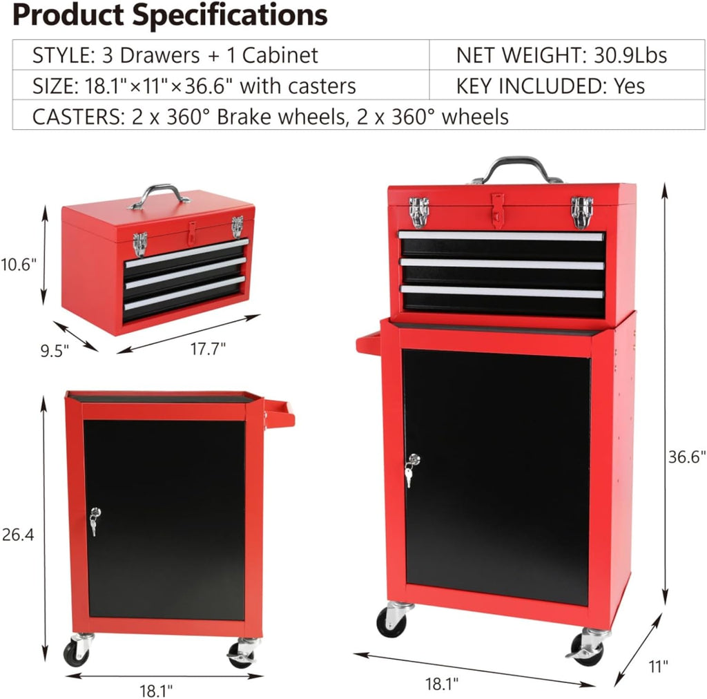 Tool Cart Rolling Garage Workshop Tool Detachable 3 Drawer Rolling Tool Chest with Large Storage Cabinet and Adjustable Shelf Red