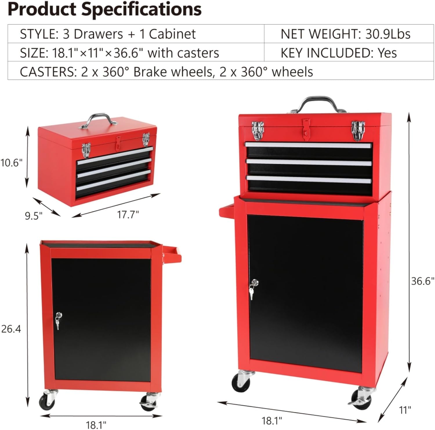 Tool Cart Rolling Garage Workshop Tool Detachable 3 Drawer Rolling Tool Chest with Large Storage Cabinet and Adjustable Shelf Red