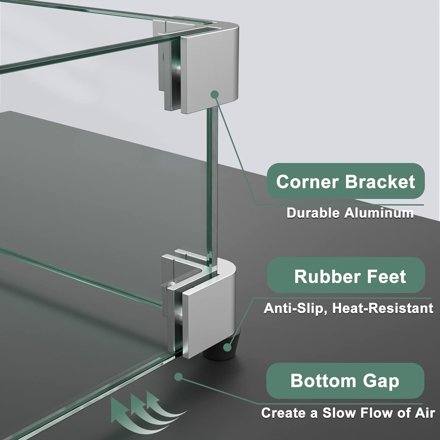 GASPRO 41.5 x 11.5 Inch Glass Wind Guard for Rectangular Fire Pit Table, Thick and Sturdy Tempered Glass Panel with Hard Aluminum Corner Bracket & Rubber Feet, Easy to Assemble